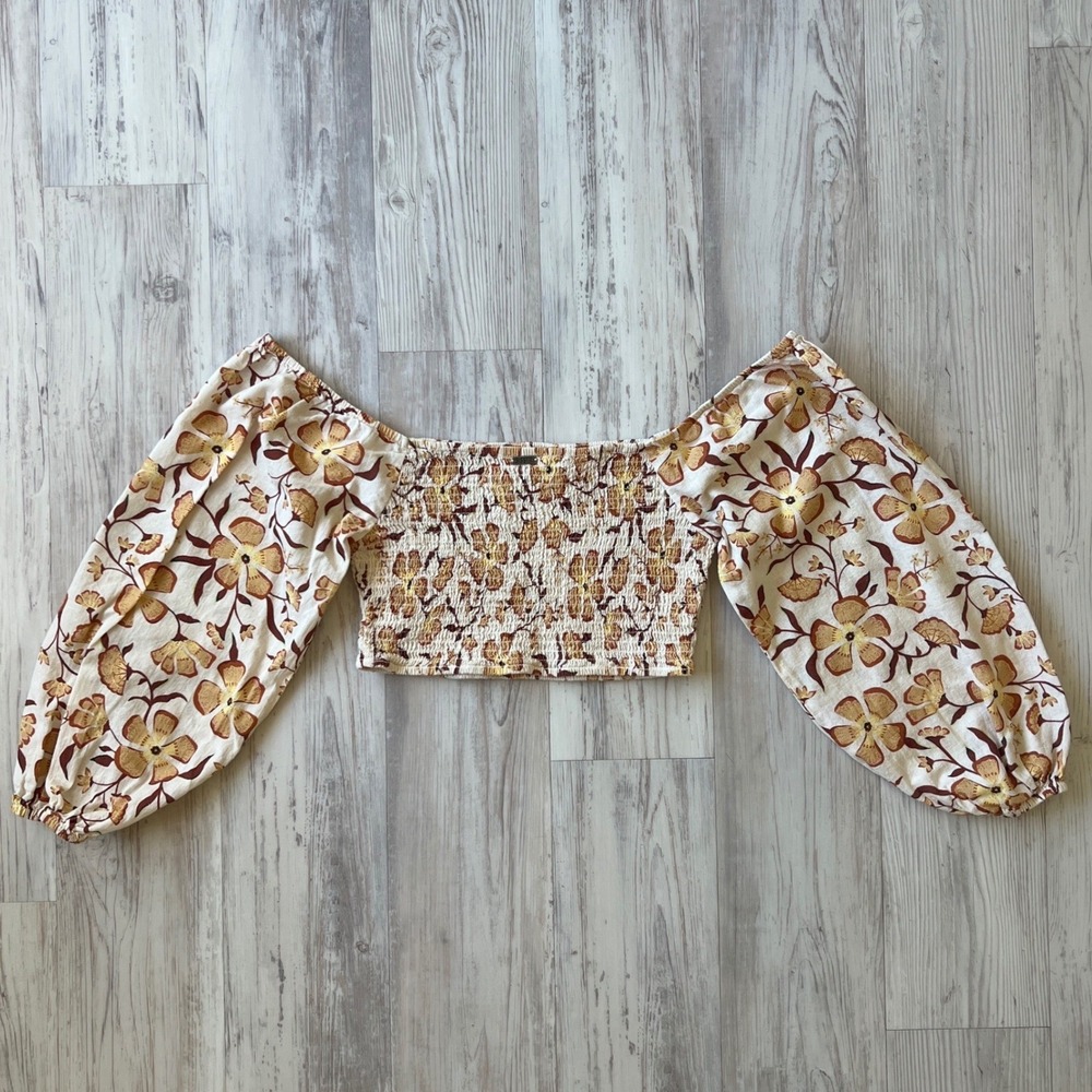 Sisstr Cotton Linen Floral Smocked Balloon Sleeve Crop Top Cream Mustard Small